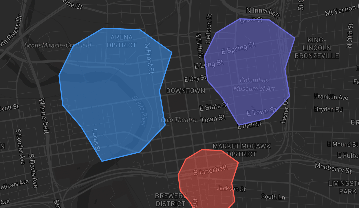 A live RideRank territory map of Columbus — azure, violet and red painted territory held by rival riders